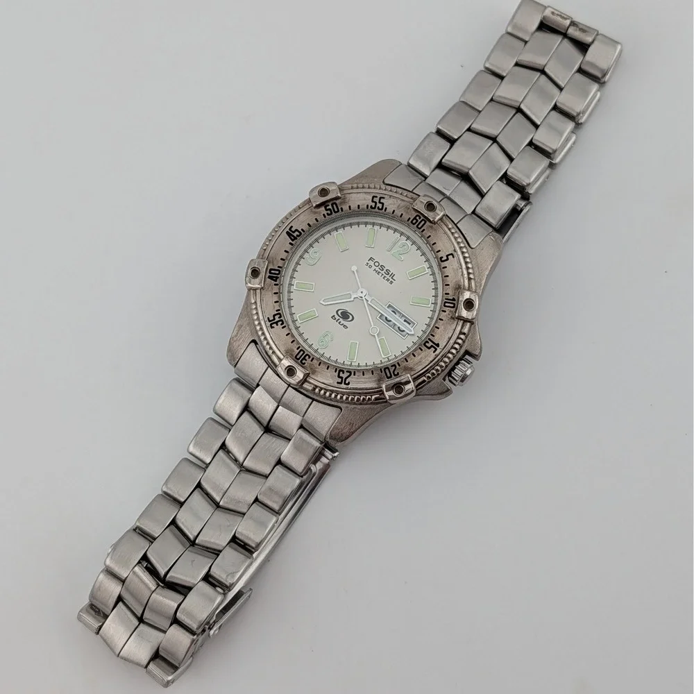 Fossil Blue AM-3252 Big Date SS Diver Watch Rotating Bezel Lume 40mm 8